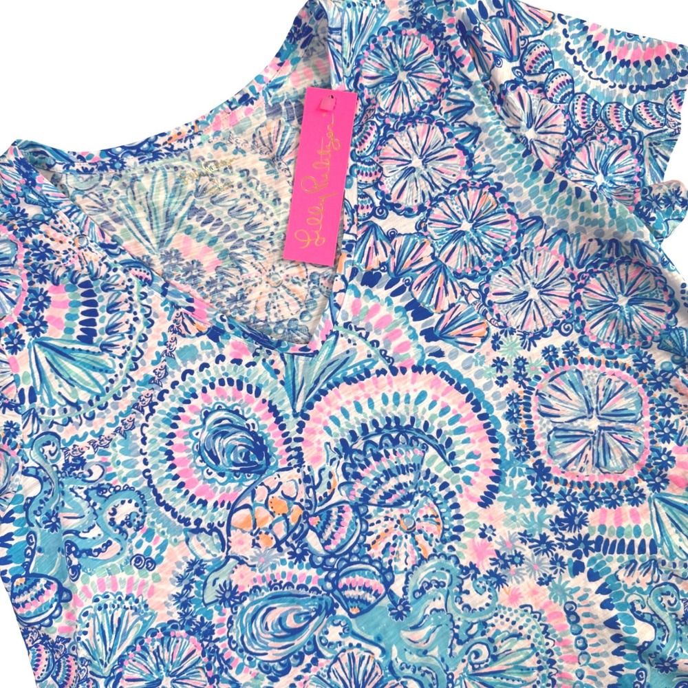 Lilly Pulitzer Etta V-Neck Shirt Women XL Blue Grotto Commotion In The Ocean NEW